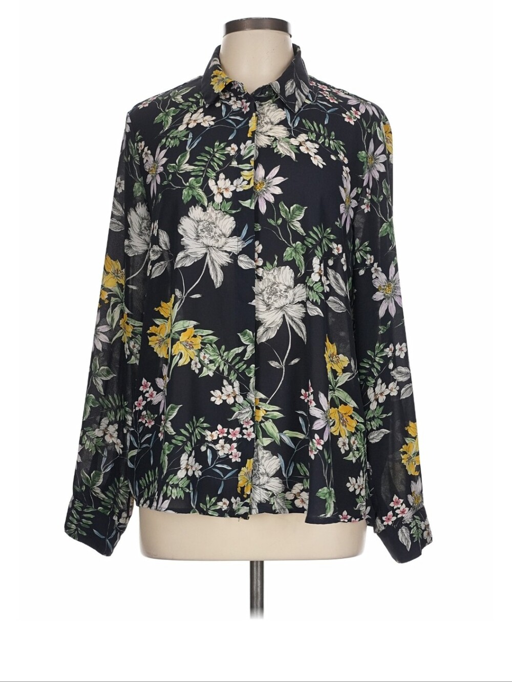 H&M Navy Blue Floral Button Down Flowy Shirt - Picture 3 of 6